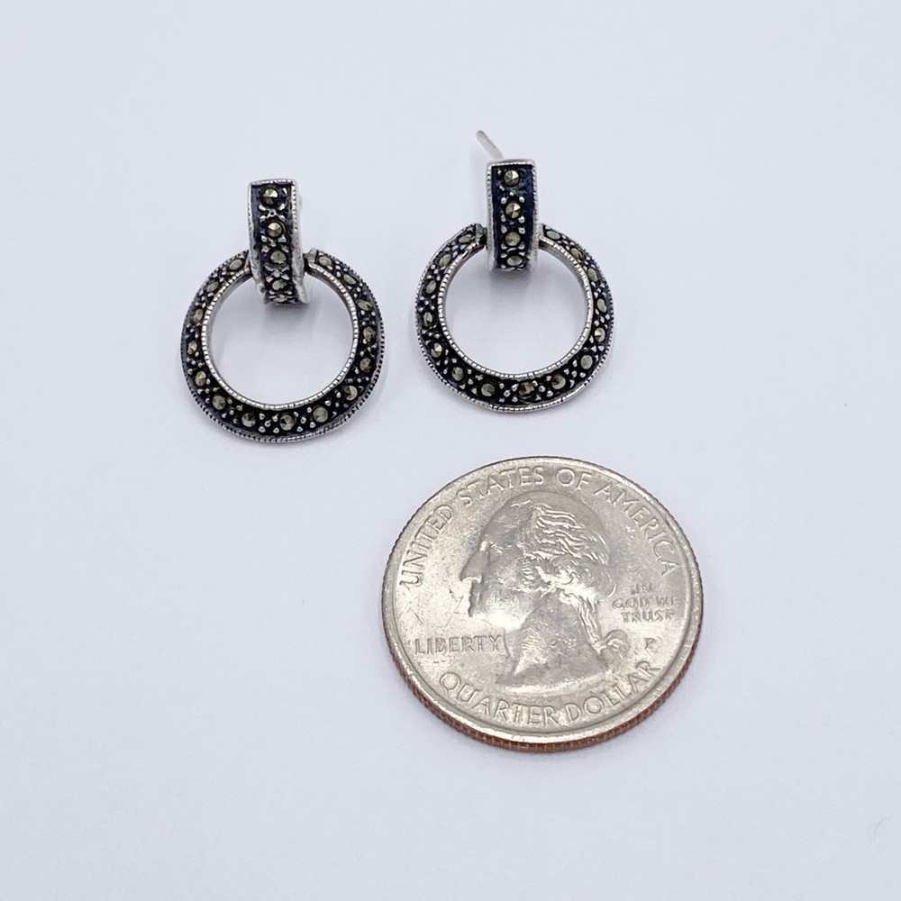Marcasite 925 Sterling Silver Open Circle Dangle Vintage Earrings